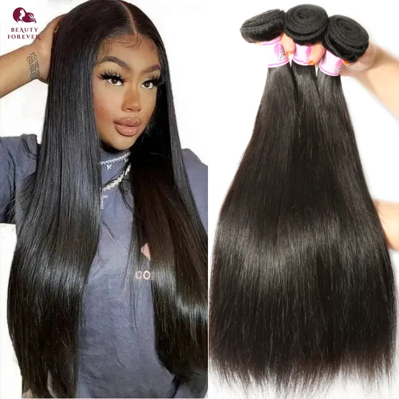 Beauty Forever Brazilian Bone Straight Human Hair Bundles Thick End Natrual Black Unprocessed Virgin Human Hair Double Weft