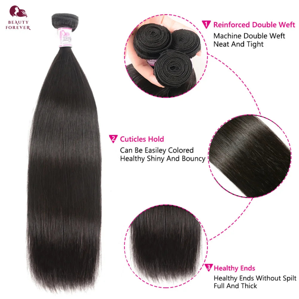 Beauty Forever Brazilian Bone Straight Human Hair Bundles Thick End Natrual Black Unprocessed Virgin Human Hair Double Weft