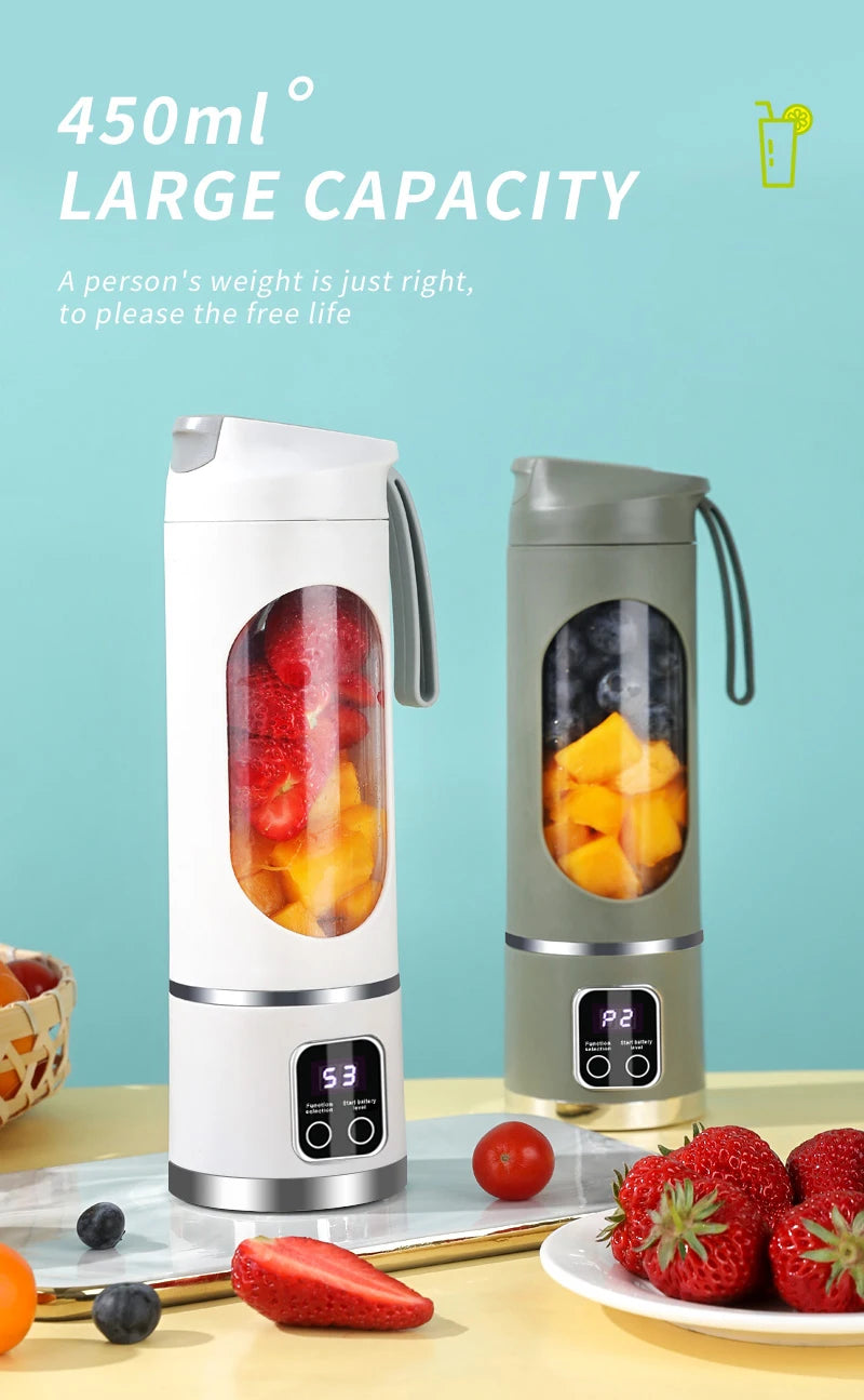 Blades Portable Fruit Juicer 450ml Capacity 3 Gears USB Rechargeable Blender Ice Crusher, can make smoothies/ice
