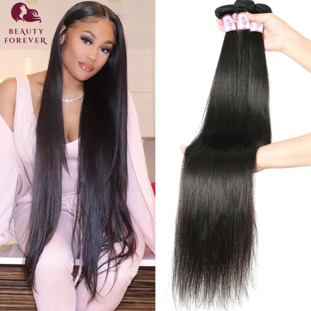 Beauty Forever Brazilian Bone Straight Human Hair Bundles Thick End Natrual Black Unprocessed Virgin Human Hair Double Weft