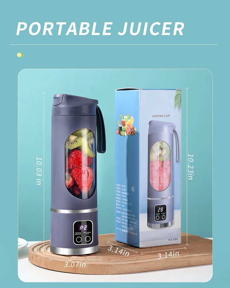 Blades Portable Fruit Juicer 450ml Capacity 3 Gears USB Rechargeable Blender Ice Crusher, can make smoothies/ice